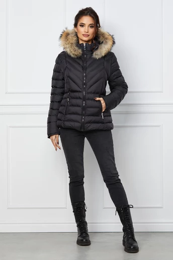 Geaca  scurta neagra cu blanita naturala la gluga