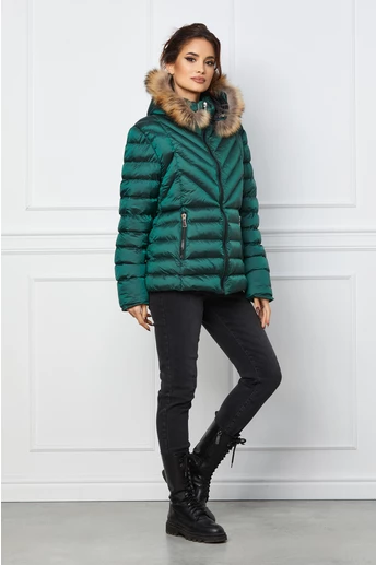 Geaca scurta verde cu blanita naturala la gluga