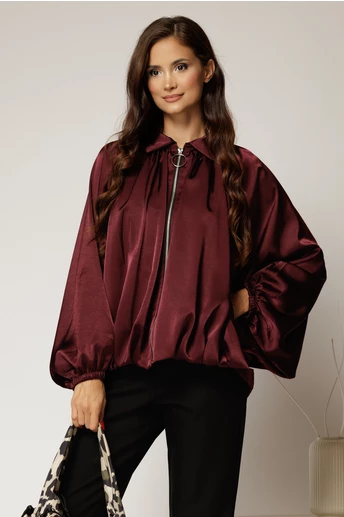 Geaca tip bomber satinata bordo cu croi lejer