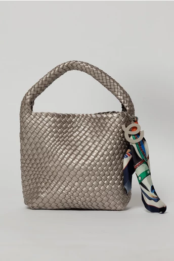 Geanta bronz sidefat din piele ecologica impletita accesorizata cu esarfa