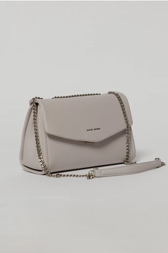 Geanta eleganta lila cu design structurat si lant argintiu