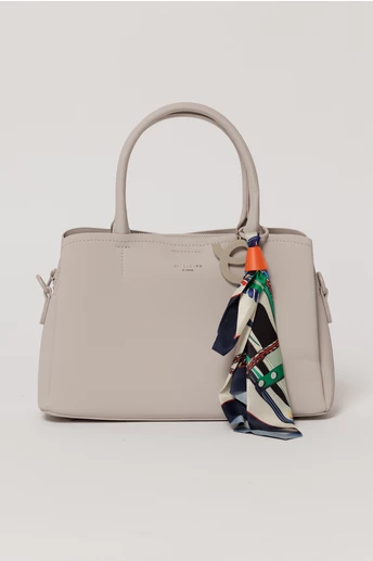 Geanta lila cu esarfa decorativa multicolora