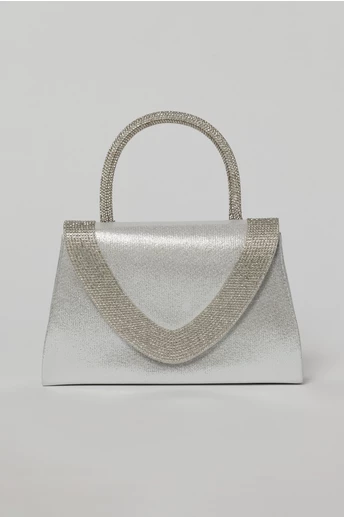 Geanta mica argintie cu strasuri argintii si maner rotund