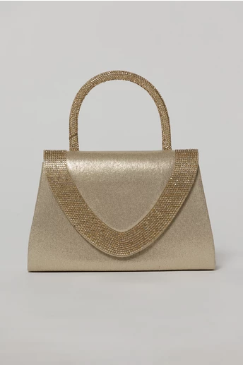 Geanta mica aurie cu strasuri argintii si maner rotund