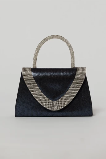 Geanta mica bleumarin cu strasuri argintii si maner rotund