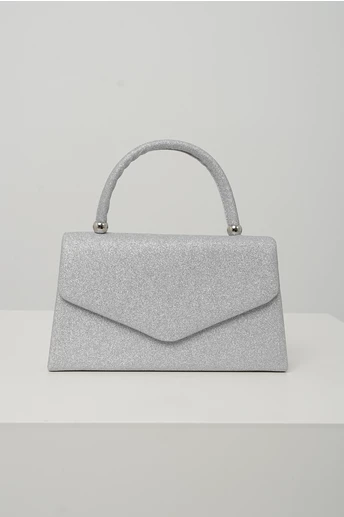 Geanta mica eleganta din glitter argintie cu maner rotund