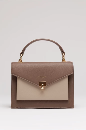 Geanta office mica din piele ecologica maro cu beige