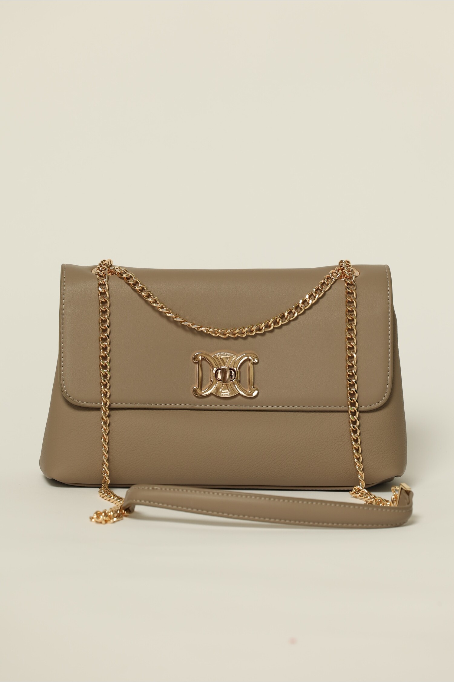 Geanta taupe eleganta cu detalii aurii