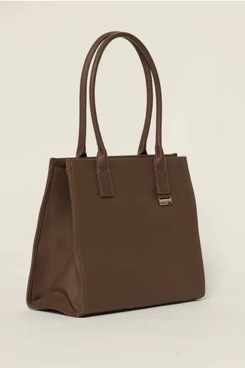 Geanta taupe office cu detaliu argintiu