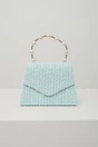 Gentuta eleganta din tweed bleu cu maner din strasuri si perle