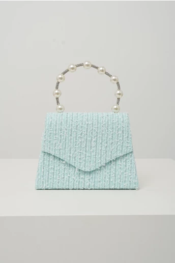 Gentuta eleganta din tweed bleu cu maner din strasuri si perle