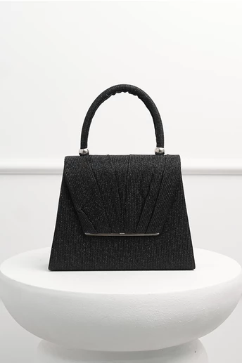 Gentuta neagra din glitter cu detalii plisate si maner rotund