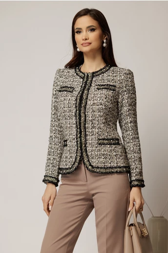 Jacheta DY Fashion din tweed alb negru cu pasmanterie in contrast