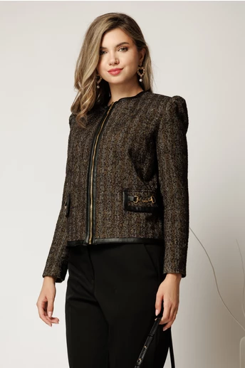 Jacheta DY Fashion eleganta din tweed negru cu maro