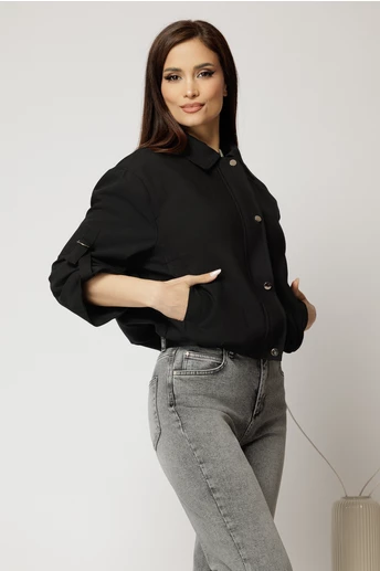 Jacheta neagra bomber cu elastic la talie si maneci trei sferturi