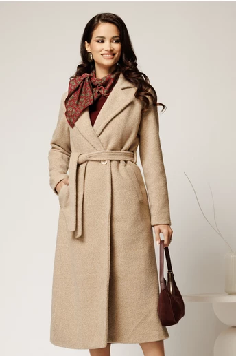 Palton bej din bucle cu croi drept si cordon in talie