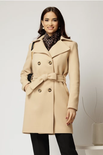 Palton bej elegant cu croi drept si cordon in talie