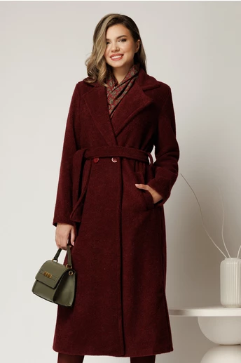Palton bordo din bucle cu croi drept si cordon in talie