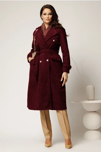 Palton bordo din bucle cu nasturi si cordon in talie