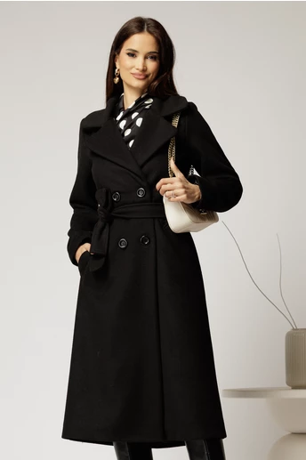 Palton Cristina midi negru cu croi drept si cordon in talie
