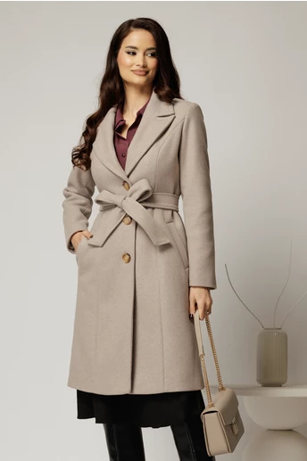 Palton dama bej midi elegant cu croi cambrat
