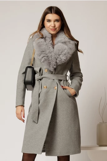 Palton dama gri cu cordon in talie si blanita detasabila