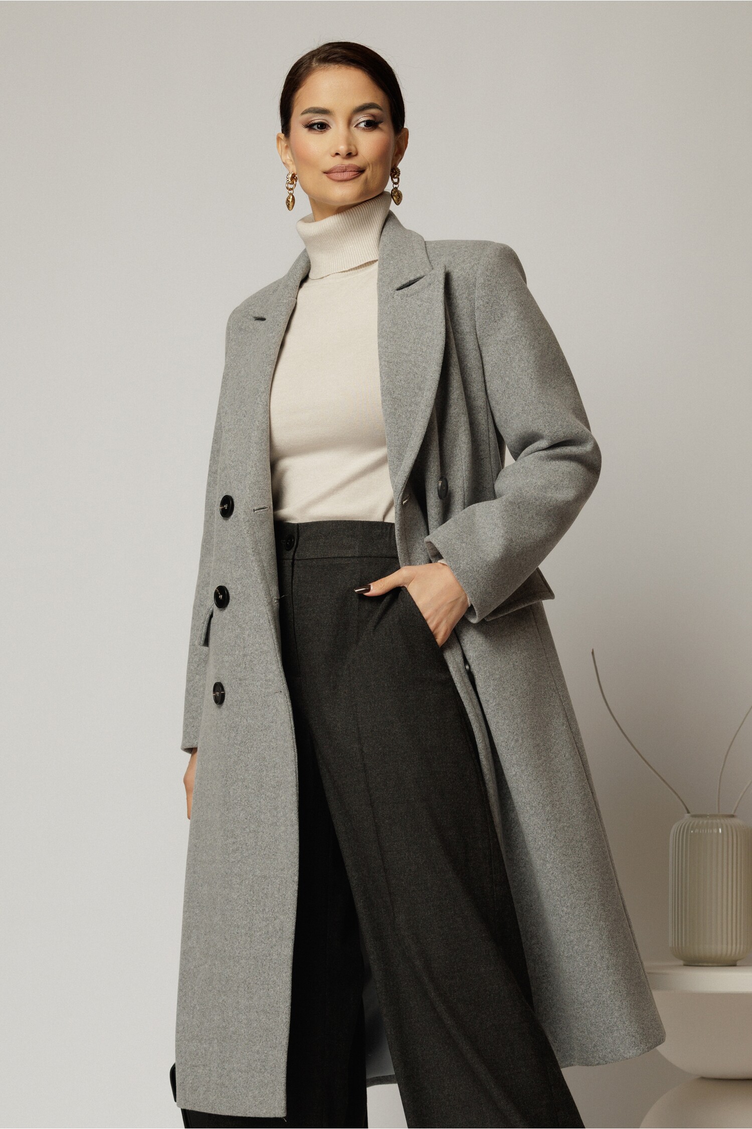 Palton dama gri lung croi drept cu rever