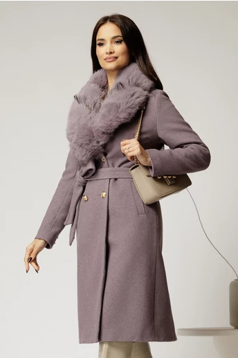 Palton dama lila cu cordon in talie si blanita detasabila
