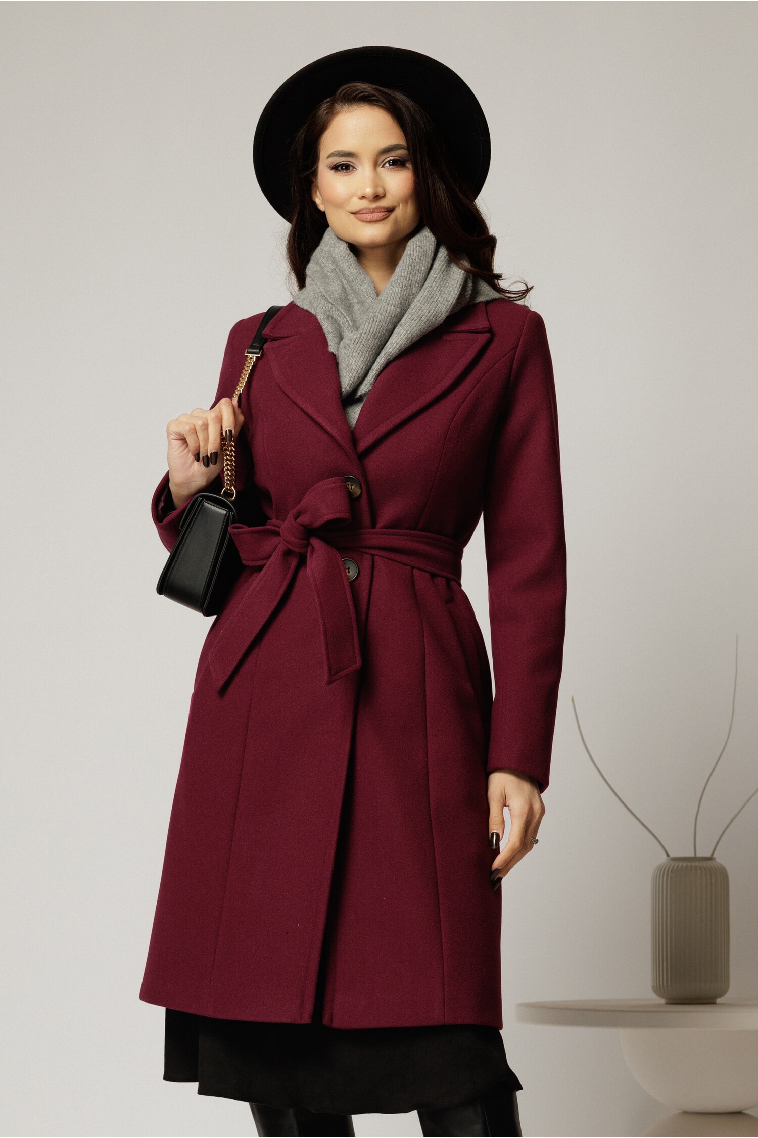 Palton dama magenta midi elegant cu croi cambrat