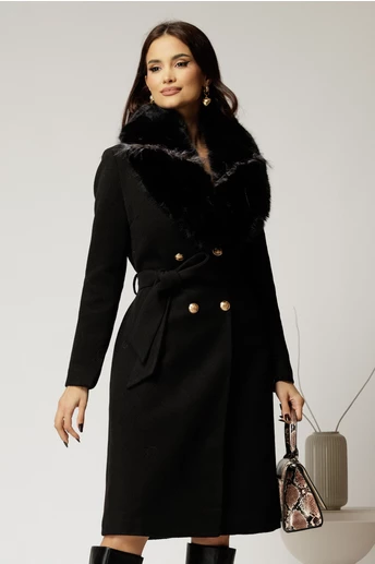 Palton dama negru cu cordon in talie si blanita detasabila