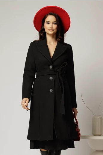 Palton dama negru midi elegant cu croi cambrat