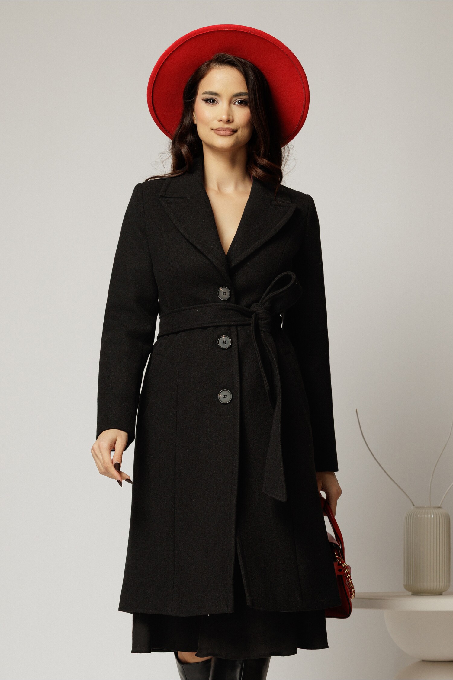 Palton dama negru midi elegant cu croi cambrat