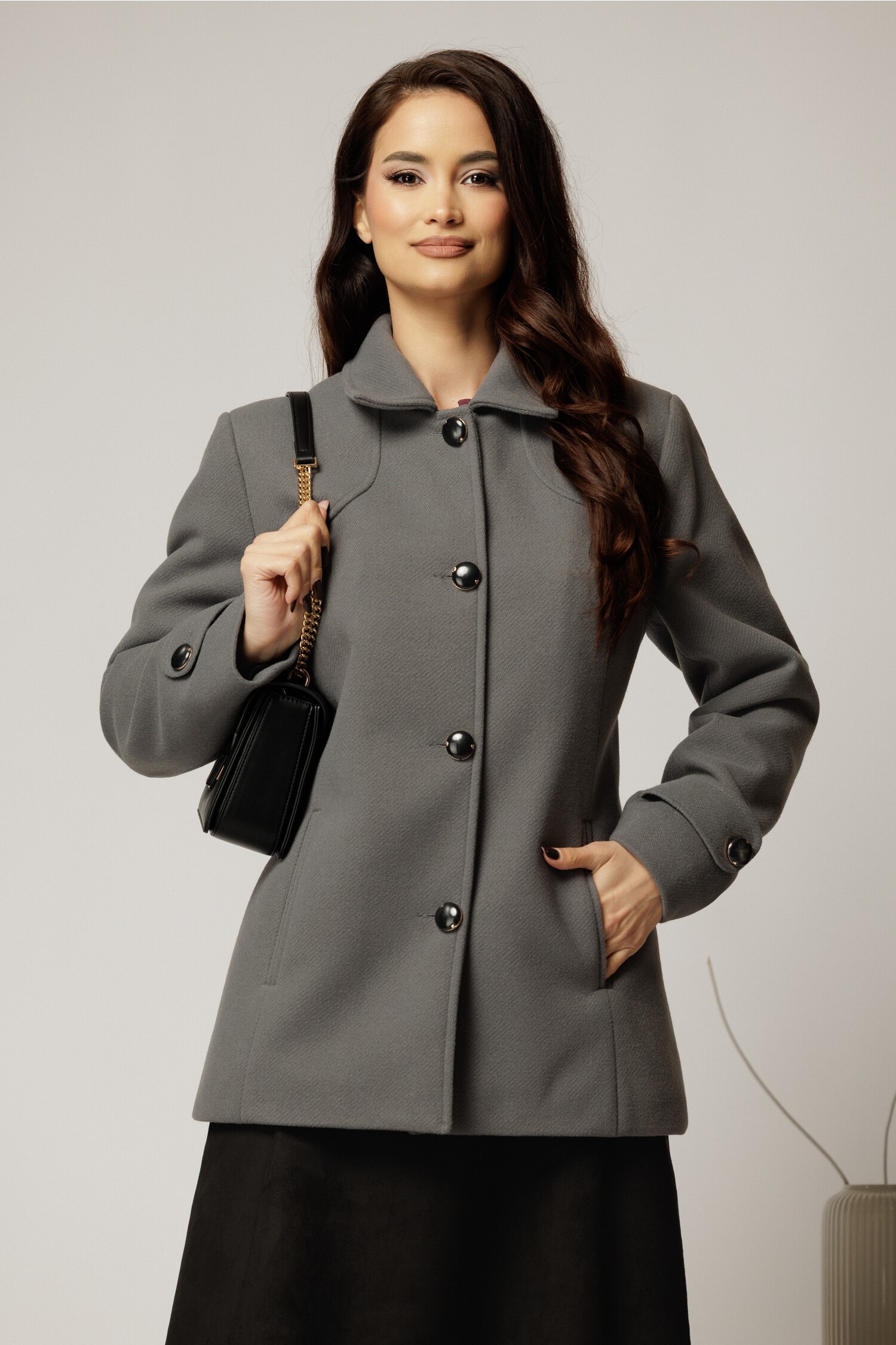 Palton dama scurt gri din lana