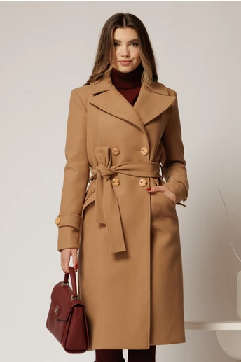 Palton drept maro cu nasturi si cordon in talie