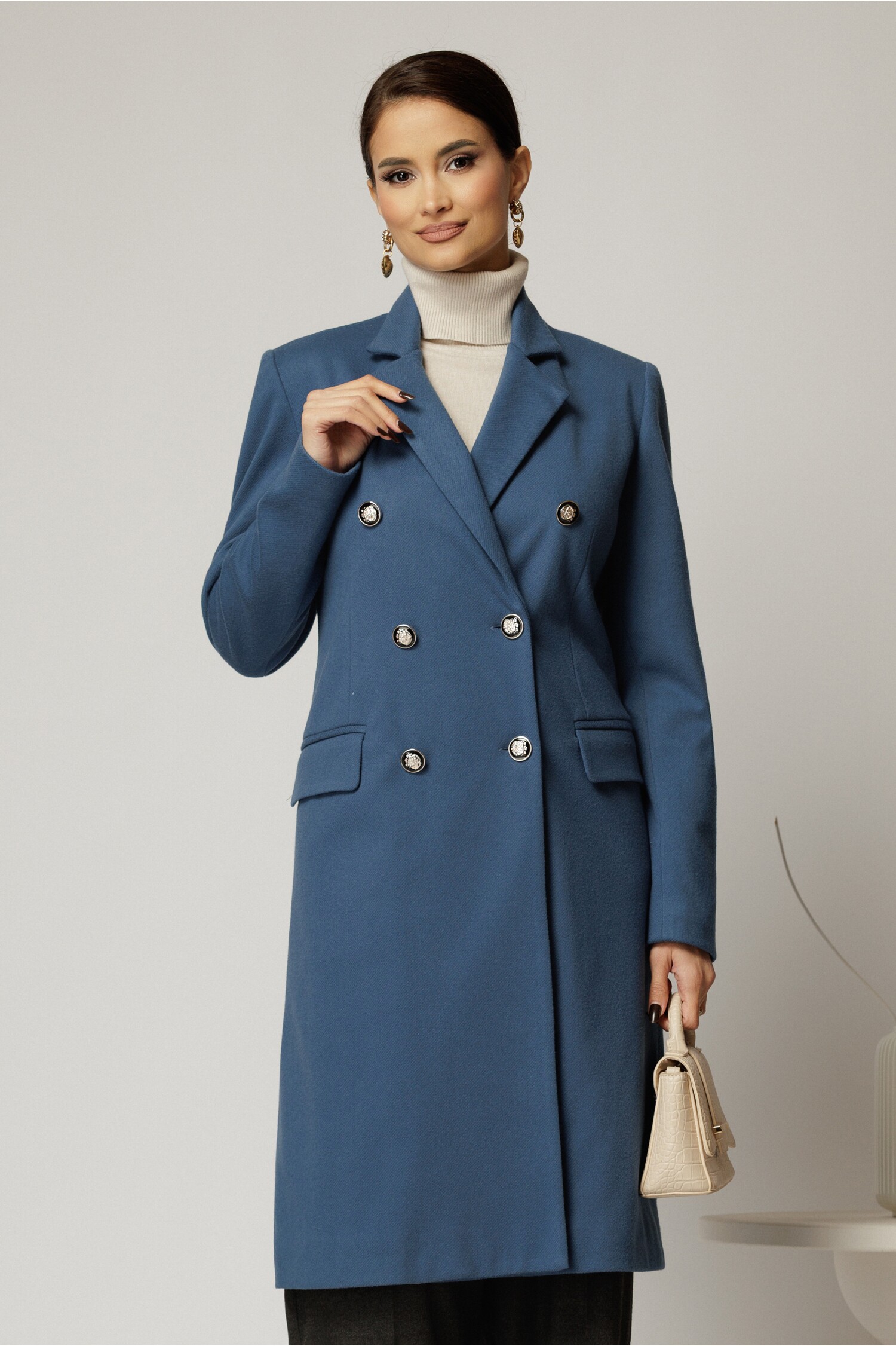 Palton DY Fashion elegant din stofa bleu cu doua randuri de nasturi