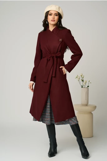 Palton elegant din stofa burgundy cu nasture si cordon in talie