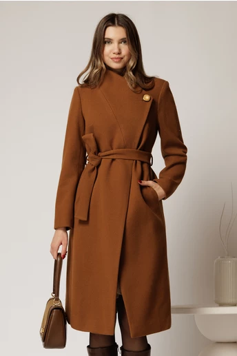 Palton elegant din stofa maro cu nasture si cordon in talie