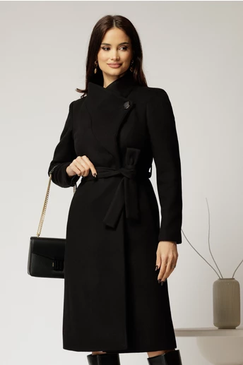 Palton elegant din stofa neagra cu nasture si cordon in talie