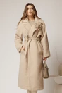 Palton lung elegant din bucle bej cu floare pe bust si cordon in talie, 1, dyfashion.ro