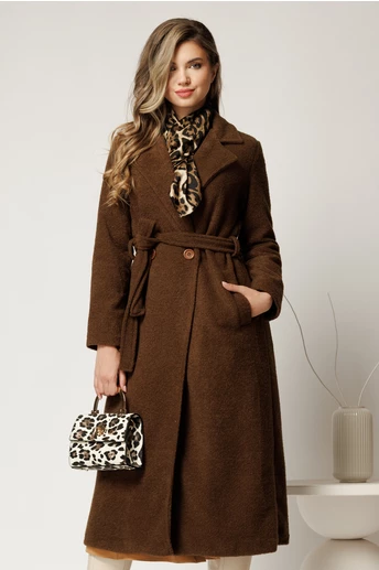 Palton maro din bucle cu croi drept si cordon in talie