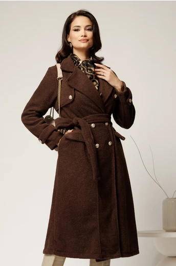 Palton maro din bucle cu nasturi si cordon in talie