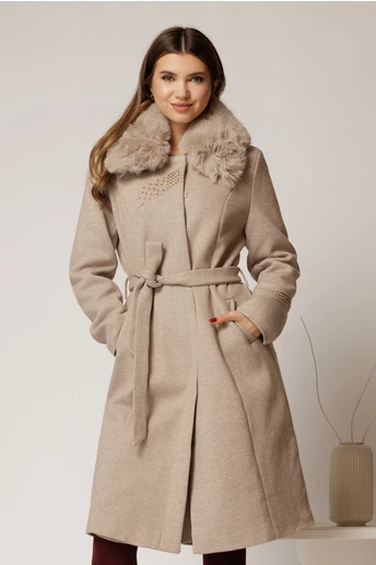 Palton midi bej cu blanita la guler si strassuri