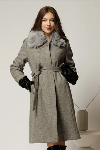 Palton midi gri cu blanita la guler si strassuri