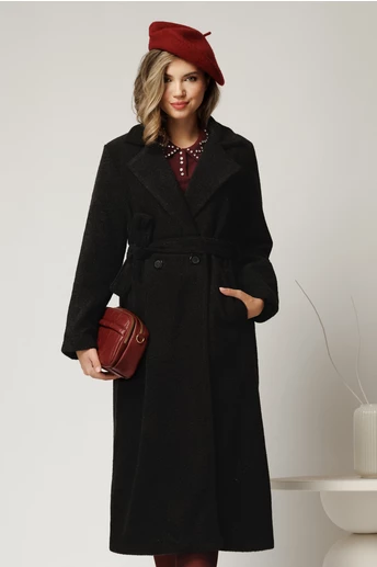 Palton negru din bucle cu croi drept si cordon in talie