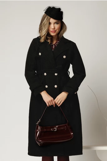 Palton negru din bucle cu nasturi si cordon in talie