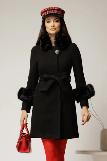 Palton negru din lana cu blanita detasabila si cordon in talie
