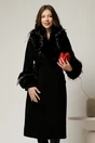 Palton negru midi cu blanita la maneci si cordon in talie, 1, dyfashion.ro