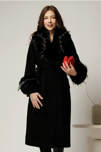 Palton negru midi cu blanita la maneci si cordon in talie