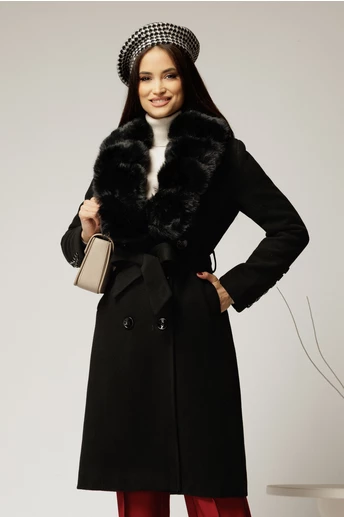 Palton negru midi drept cu blanita la guler