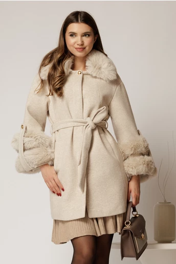 Palton scurt ivoar cu blanita detasabila la guler si maneci